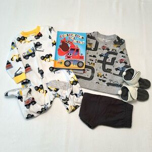 Boys 12M 5-Piece Clothing, Pajamas, Slippers, Book Lot Construction/Truck Theme